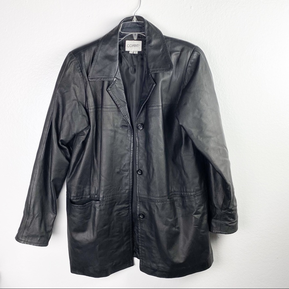 COMINT Black 100% Genuine Leather Lined Trench Coat, Size Large
